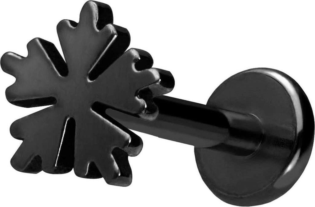 Ohrpiercing, Nasenpiercing Titan Labret mit Push Fit SCHNEEFLOCKE Schwarz Stablänge: 10mm | Stabstärke: 1,2mm