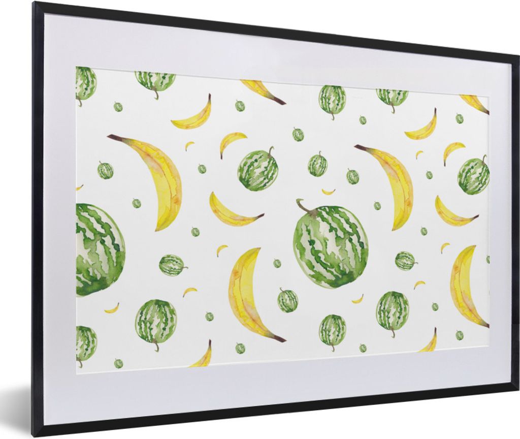 MuchoWow Gerahmtes Poster Bananen - Melonen - Schablonen 60x40 cm - Poster mit Schwarzem Bilderrahmen Wandposter Rahmen Foto Bilder - Schlafzimme...