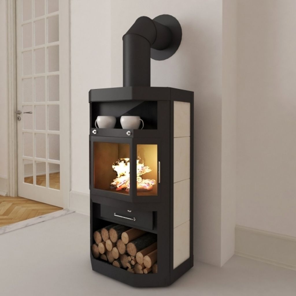 A modern black wood-burning stove with beige tile accents, shown in a room with a white door and wall.