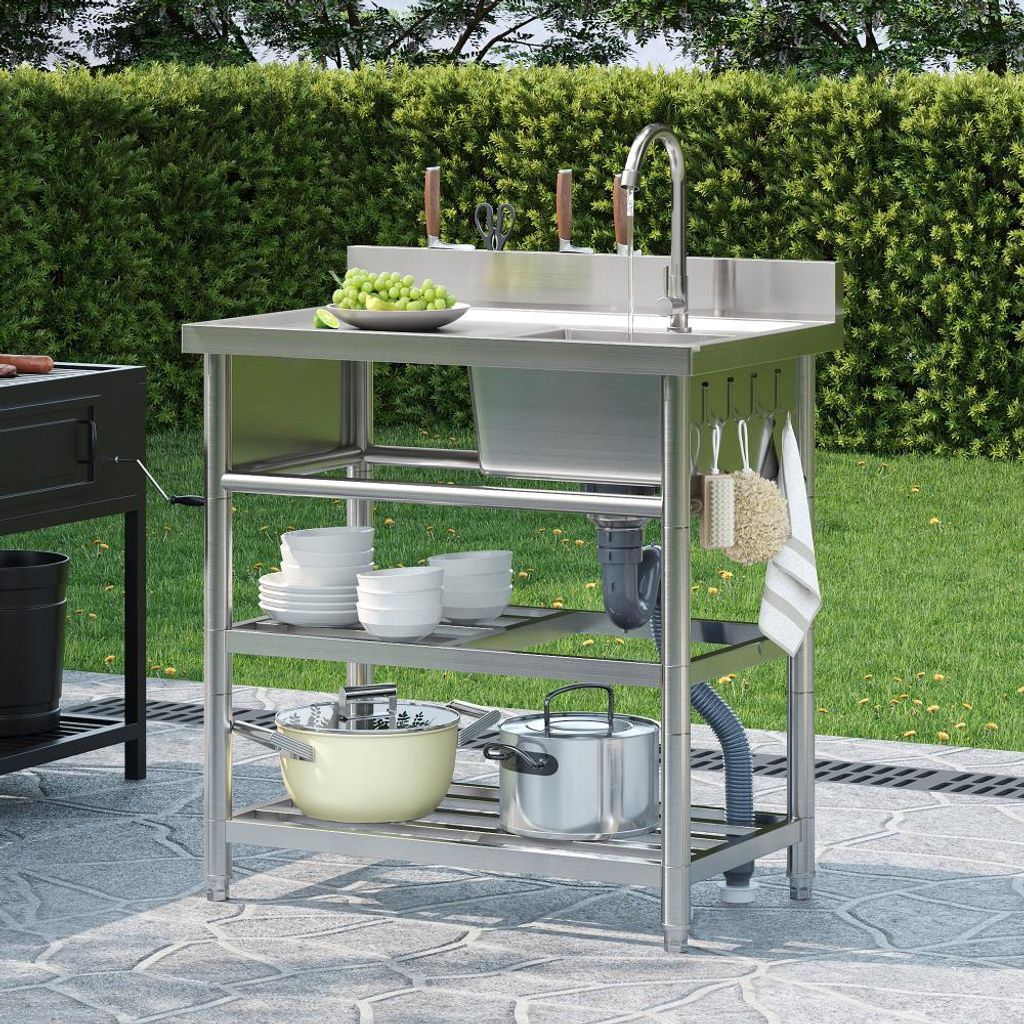 "Freistehendes Spülbecken aus Edelstahl mit Wasserhahn, 2 Ablagen, Messerhalter, Haken, ideal für Grill, Garten und Camping, 80x50 cm"