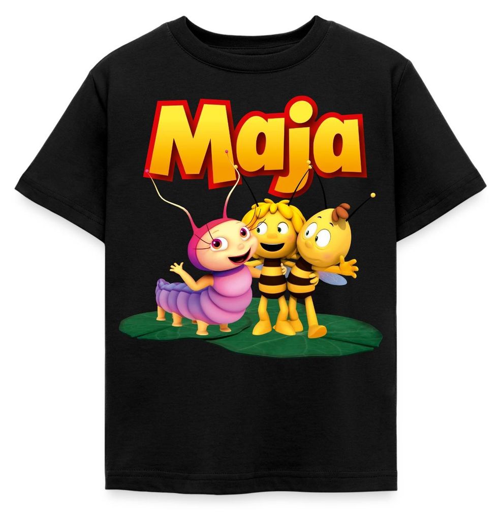 Spreadshirt Biene Maja mit Willi und Raupe Ulla Kinder T-Shirt, 110/116 (5-6 Jahre), Schwarz