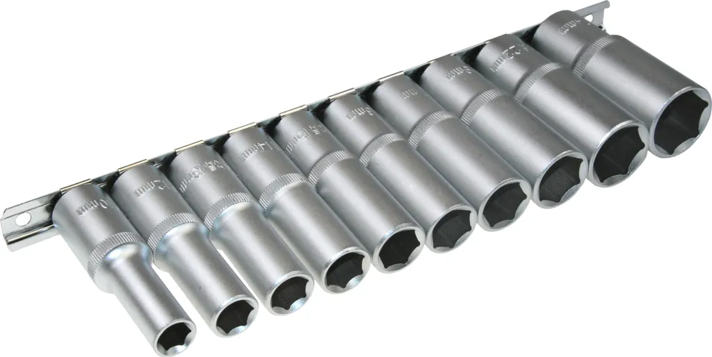Jeu de 10 douilles longues 1/2 6 pans 10-24mm sur rail de rangement