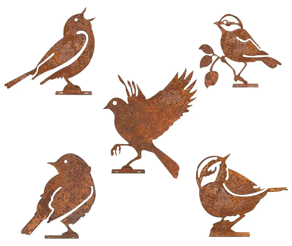 Décoration de clôture oiseaux rouillés pour extérieur - Set de 5 pièces