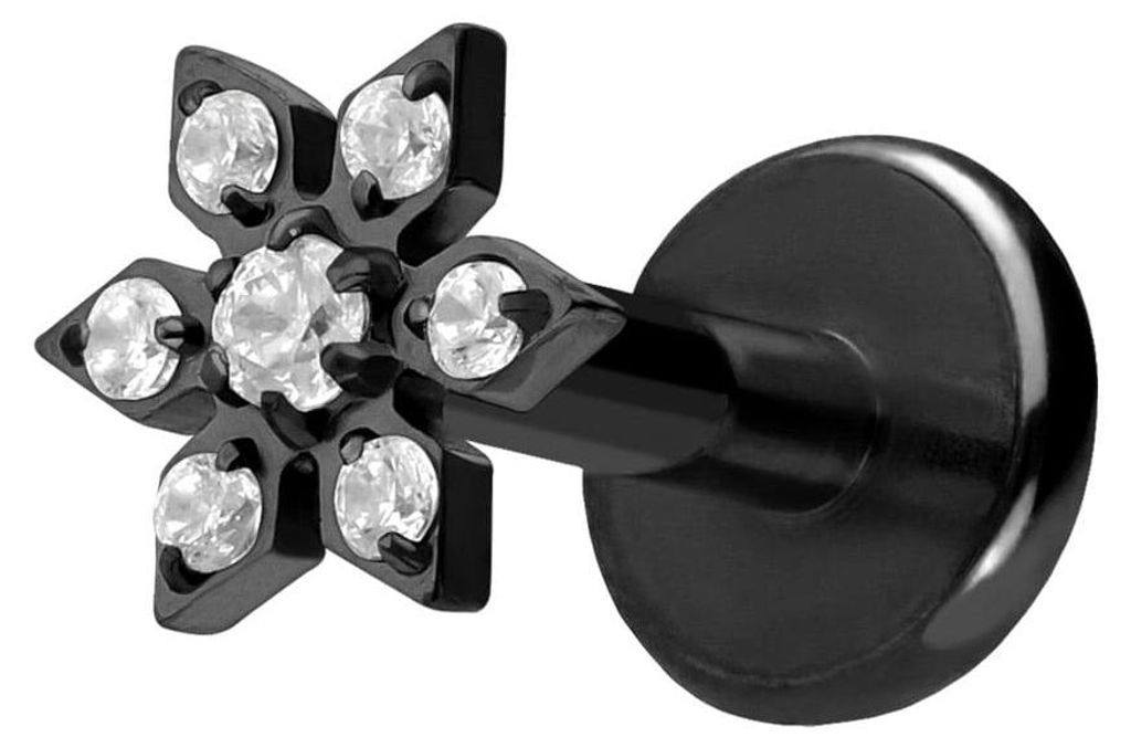 Ohrpiercing, Nasenpiercing Titan Labret mit Push Fit KRISTALLBLUME Schwarz Stablänge: 6mm | Stabstärke: 1,2mm