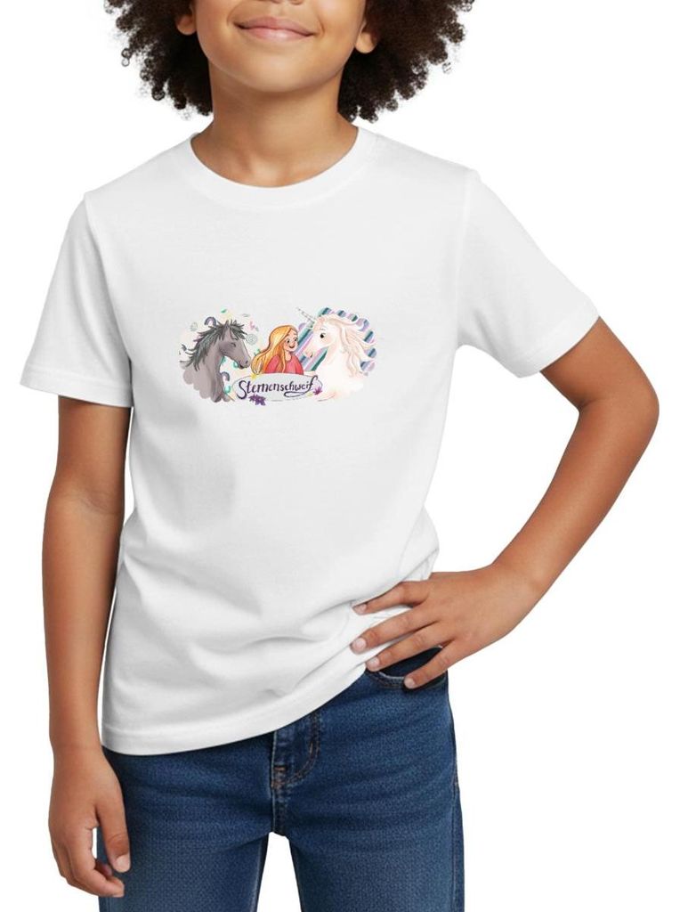 Spreadshirt Sternenschweif Laura Mit Pferd Und Einhorn Kinder T-Shirt, 98/104 (3-4 Jahre), Weiß
