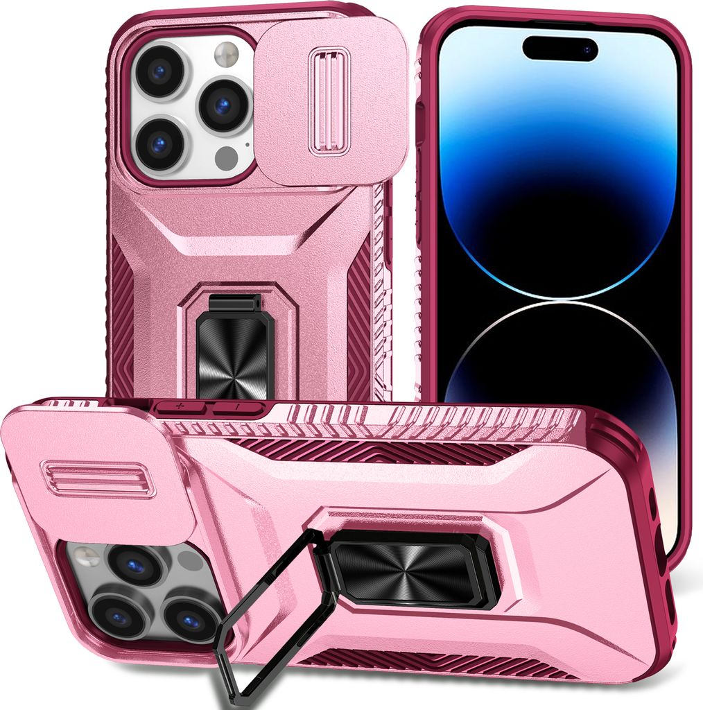 Handyhülle für iPhone 14 Pro Max Dual Layer Hülle mit Schiebe Kamera Schutz und Ringhalter Ständer Rosa