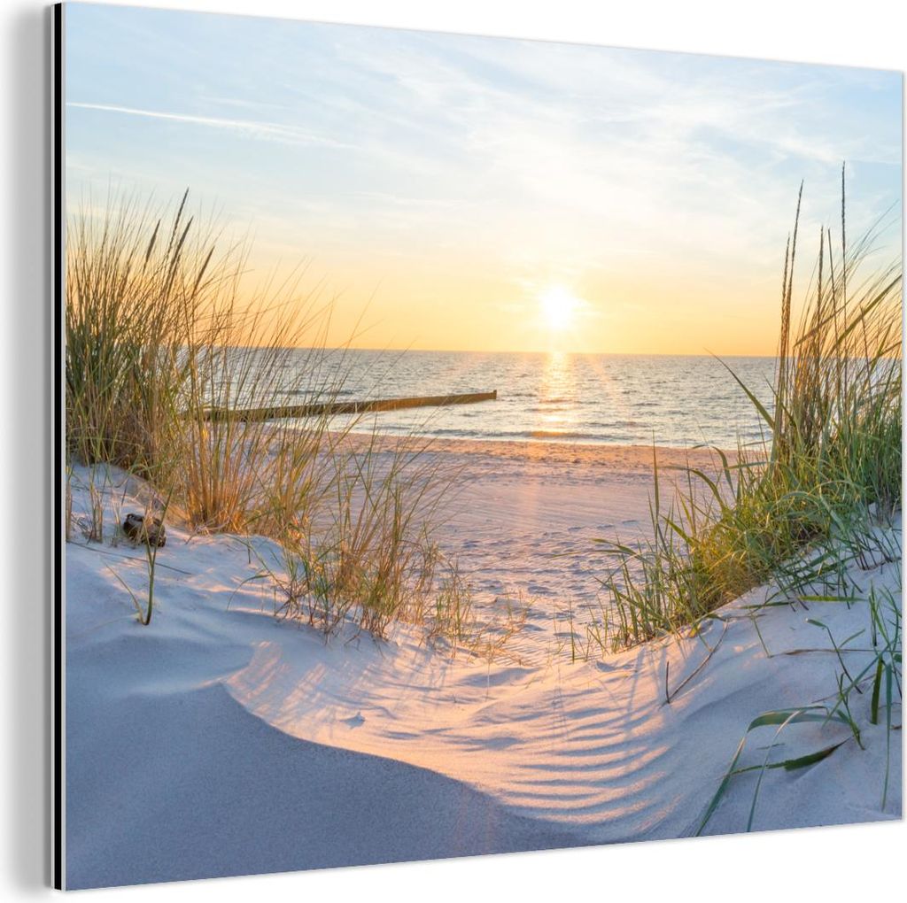 MuchoWow Wanddekoration Metall Metallbild Wandkunst 80x60 cm Strand - Sonne - Düne - Gras - Sand - Horizont MuchoWow Aluminium Gemälde - Alubild