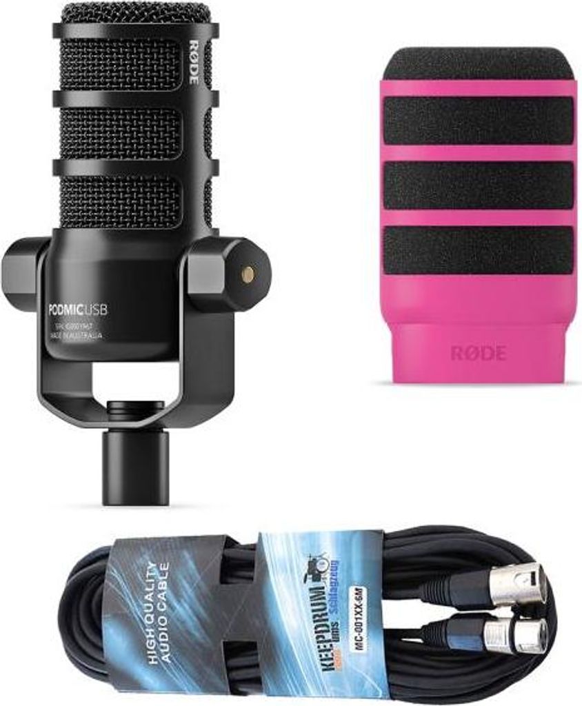 Rode Mikrofon Podmic USB mit WS14P Popschutz Pink und Kabel