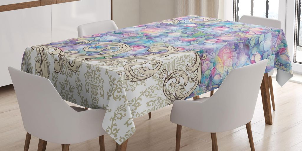 ABAKUHAUS Blume Tischdecke, Bunte Hortensien Romantisches Barock wirbelt Art Nouveau inspiriertes Design Drucken, 140 x 240 cm, Flieder und Creme