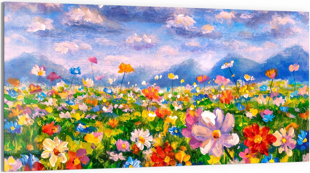 DEQORI Glasbild Echtglas 100x50 cm 'Blumenwiese und Berge' Wandbild Bild modern Deko