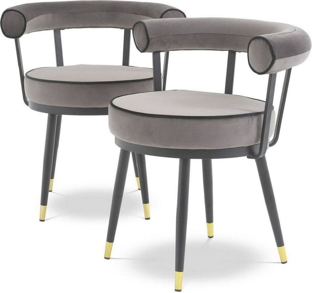 Casa Padrino Luxus Esszimmerstuhl Set Grau / Schwarz / Messing 66 x 59 x H. 70 cm - Esszimmerstühle mit edlem Samtstoff - Esszimmer Möbel
