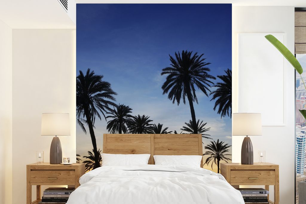 MuchoWow Fototapete für Wohnzimmer oder Schlafzimmer Wandtapete Vinyl Motivtapete Palme - Natur - Strand - Sonne - Nacht - 175x240 cm - Schlafzi...