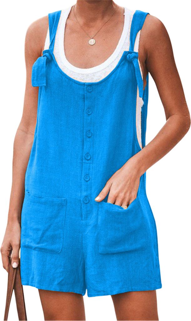 ASKSA Damen Kurz Jumpsuit Sommer Playsuit Kurz Romper Shorts Latzhose Frauen Overalls mit Taschen, Blau, Groesse: XL