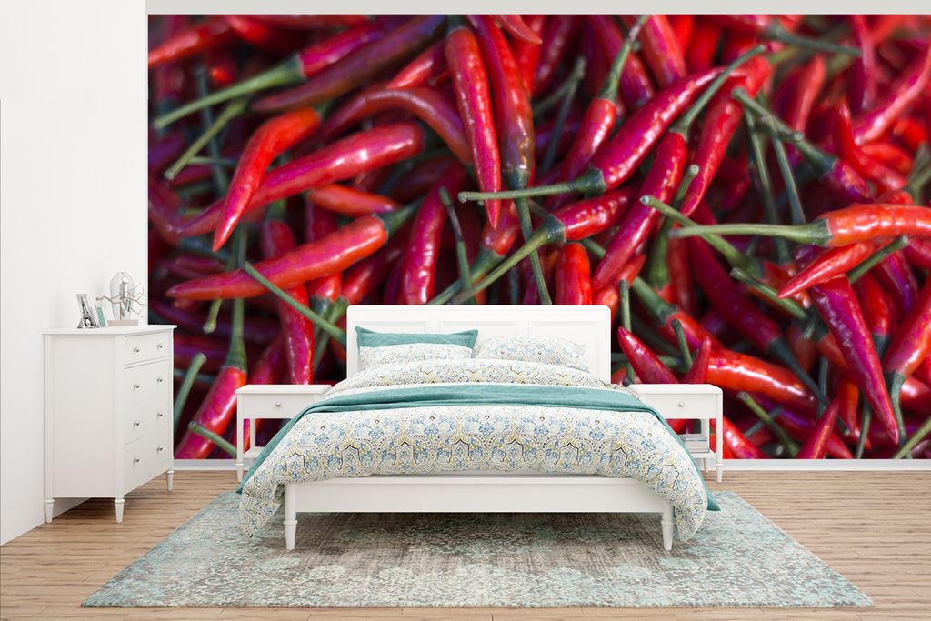 MuchoWow Fototapete für Wohnzimmer oder Schlafzimmer Wandtapete Vinyl Motivtapete Spanische Chilischoten auf dem thailändischen Markt - 465x260...