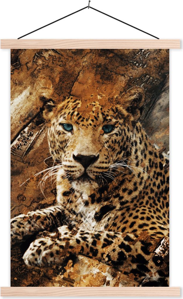 MuchoWow Textilposter Leopard - Steine - Wand 40x60 cm mit holzfarbenen Rahmen - Poster