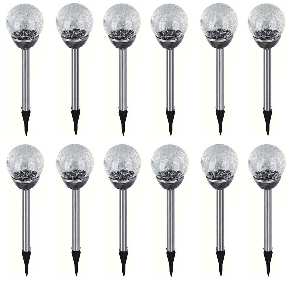 12x Edelstahl LED Solar Gartenleuchte Kugel mit Crackle-Licht Solarlampe Solarleuchte Deko Garten Leuchte Weiß Lampe