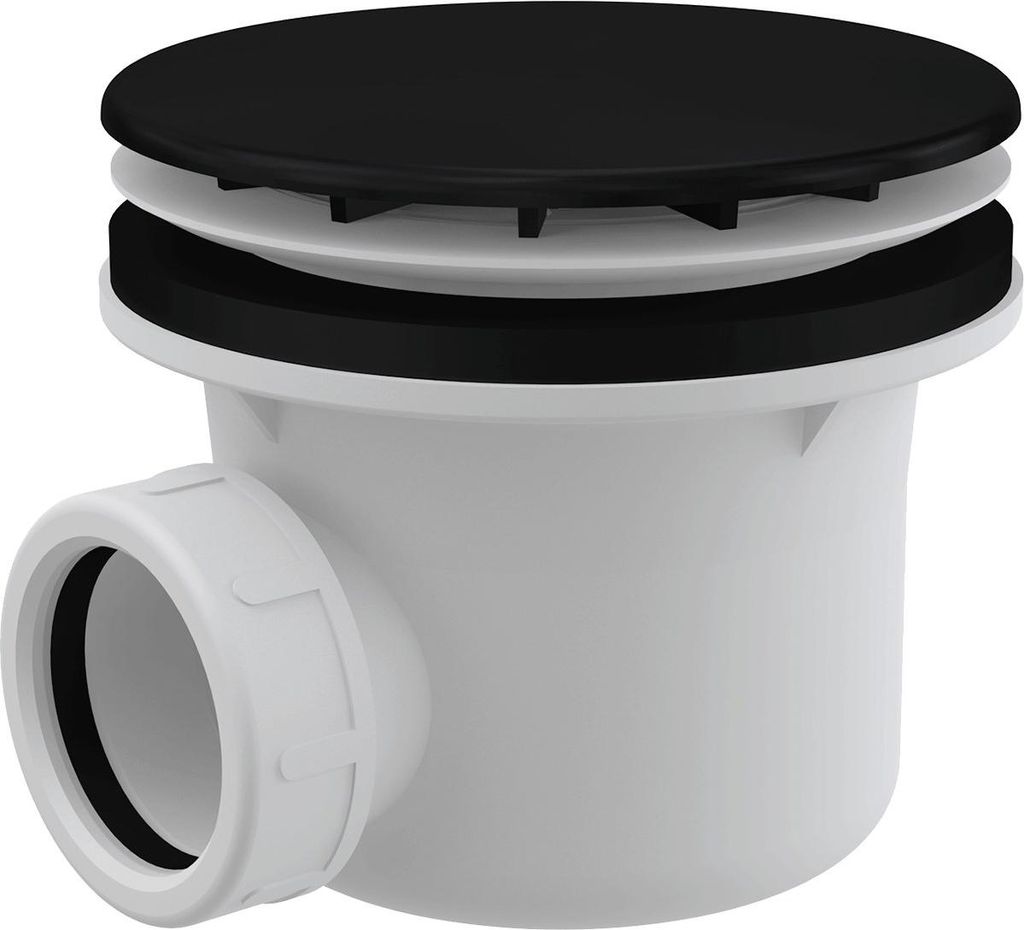 A product shot of a black and white drain fitting.