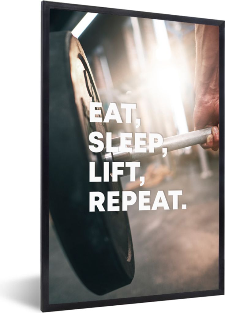 MuchoWow MuchoWow Gerahmtes Poster Essen, schlafen, aufstehen, wiederholen. - Sport - Zitate - Sprichwörter 40x60 cm - Poster mit zchwarzem Bi...