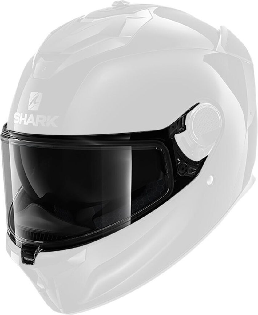 A white motorcycle helmet with a dark tinted visor.
