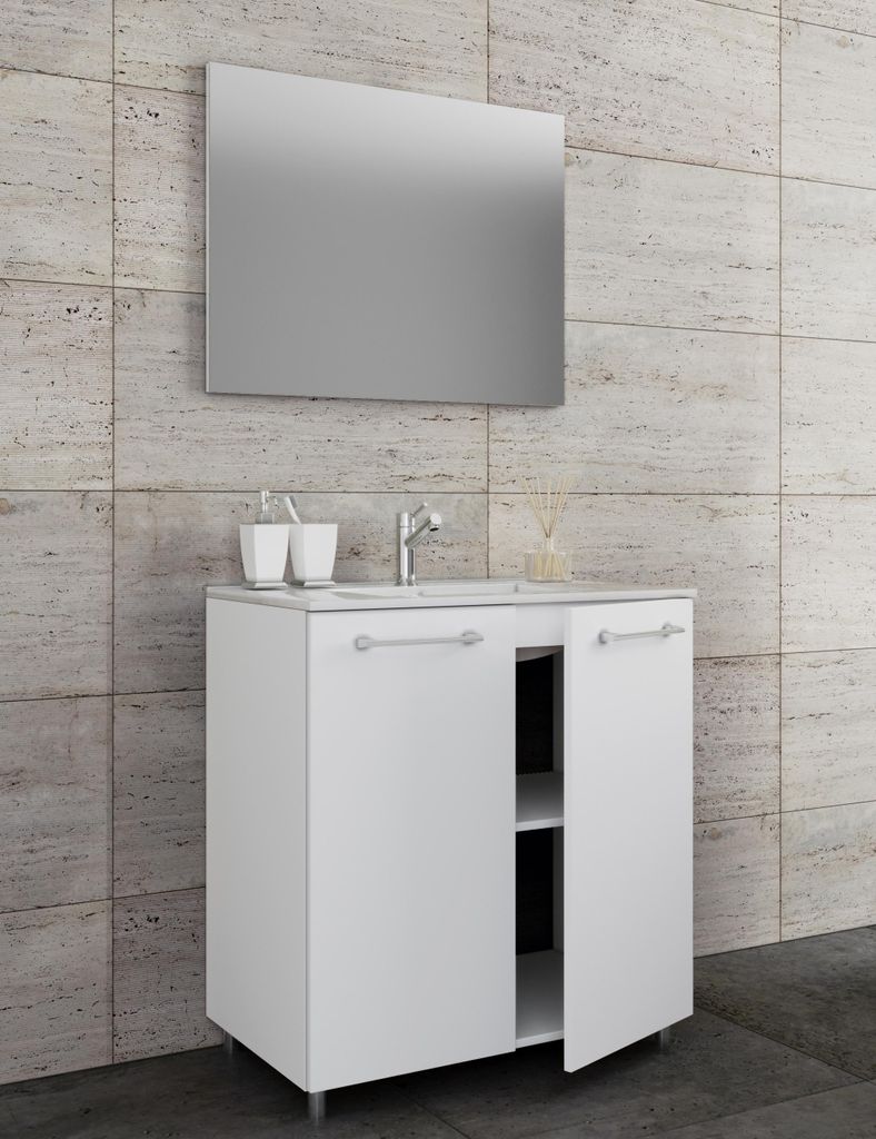 VCM 3-tlg. Set | 1 Waschtisch mit Dretüren, 1 Spiegel, 1 Waschbecken | Keramik Waschbecken | Unterschrank stehend 80 cm | Badmöbel Set - Badinos