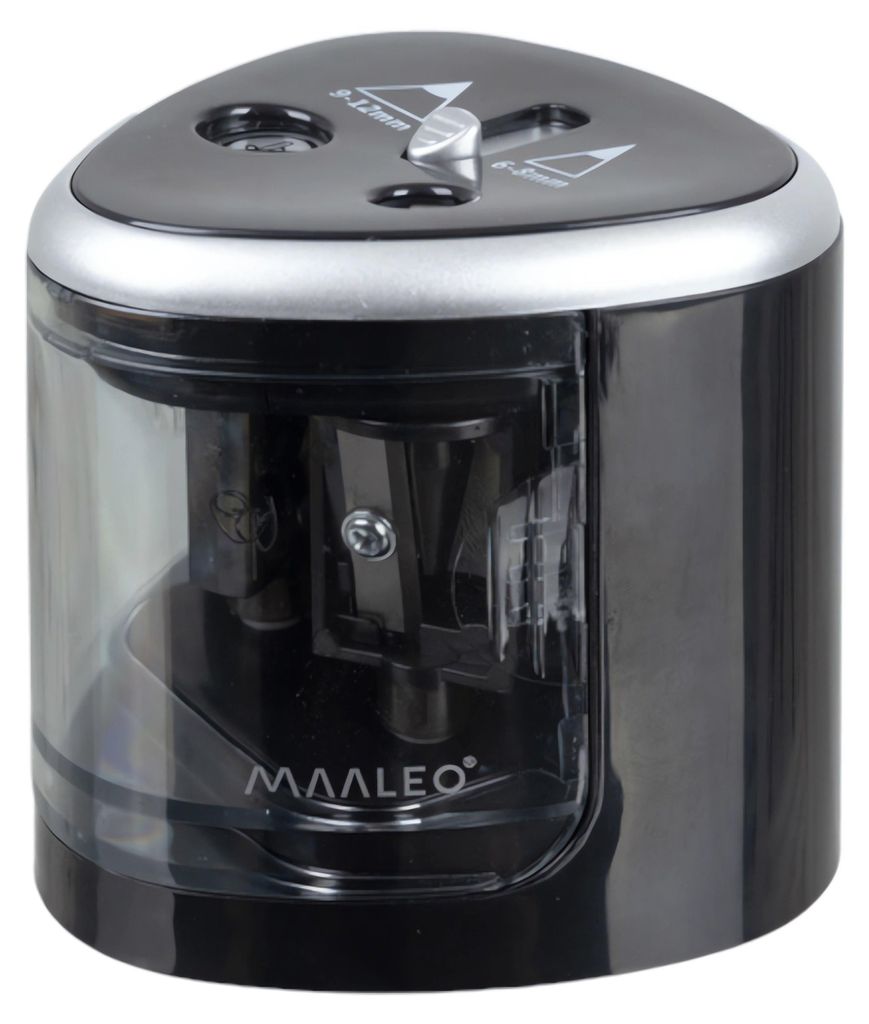 A black electric pencil sharpener with a transparent container for shavings.