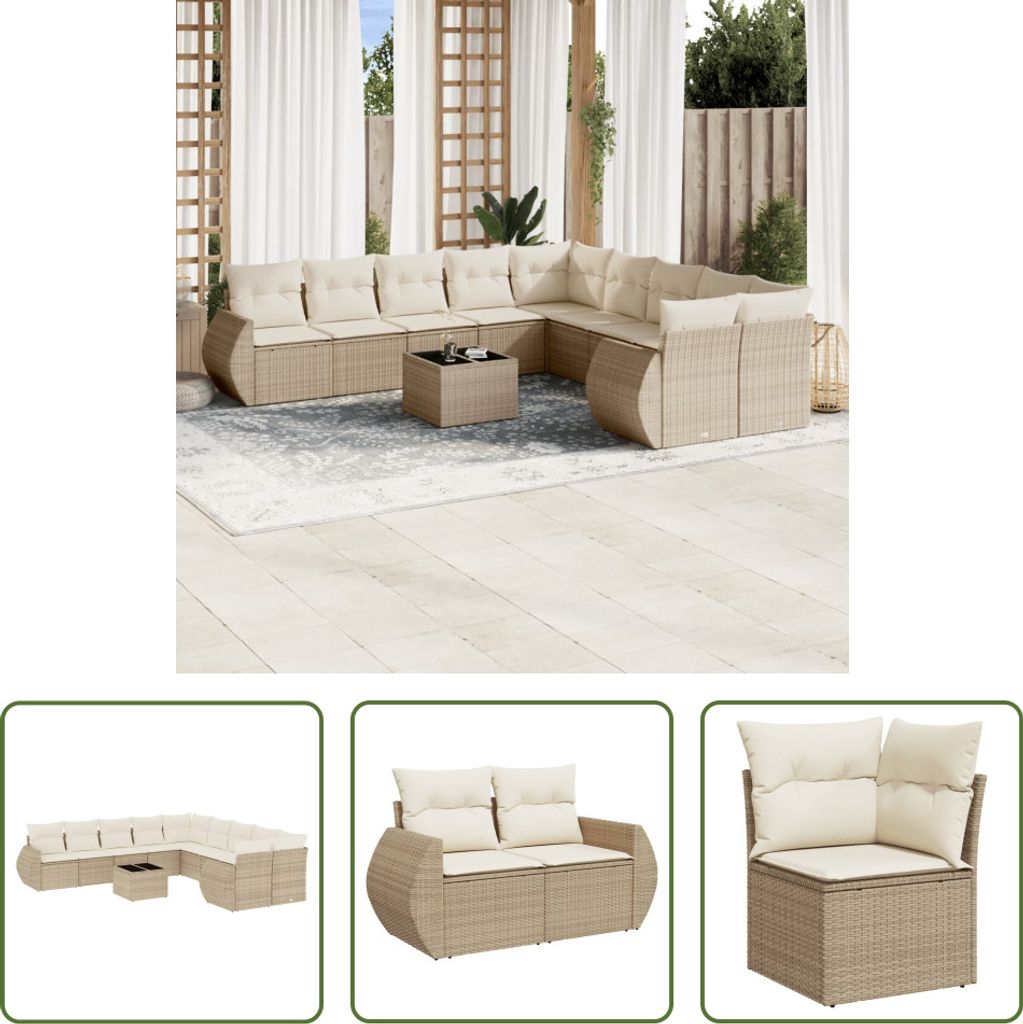 The Living Store 11-tlg. Garten-Sofagarnitur mit Kissen Beige Poly Rattan