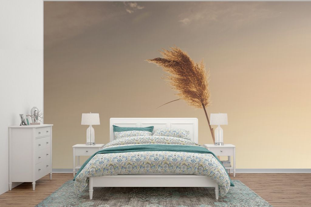 MuchoWow Fototapete für Wohnzimmer oder Schlafzimmer Wandtapete Vinyl Motivtapete Pampa - Gras - Himmel - Rosa - 300x240 cm - Fototapeten