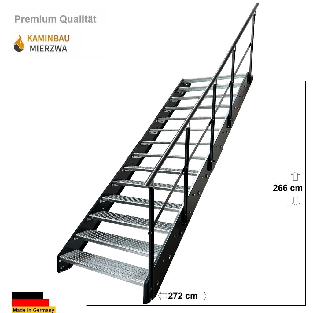 Stahl Wangentreppe Gitterroststufen 14 Stufen Geländer Rechts - Verzinkt & Anthrazit pulverlackierten Seiten - (B x H x T) 100 x 266 x 272 cm