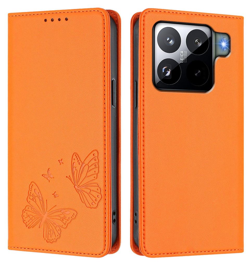 Lederhülle für Xiaomi 15S Pro, Schmetterling Prägung Leder Brieftasche Schutzhülle mit Ständer Orange
