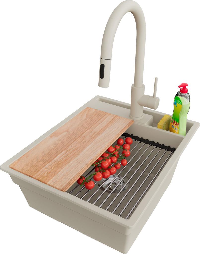 PRIMAGRAN Granitspüle Beige 43x53cm, Spülbecken 1 Becken + Ablauf-Set + Küchenzubehörset, Küchenspüle ab 45er Unterschrank - Oslo Pocket