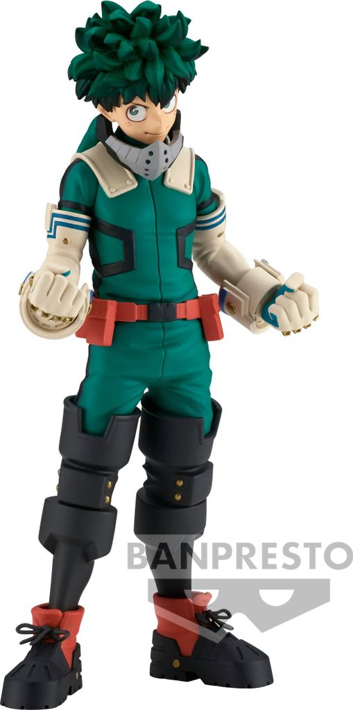 A full-body shot of an anime figurine of Izuku Midoriya from My Hero Academia, standing against a white background.
