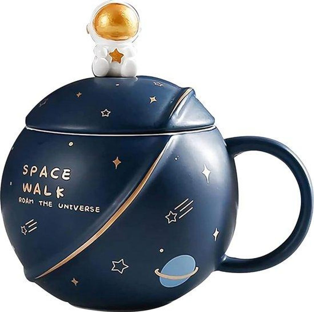 Keramische Kaffee-Tasse 400ml dunkelblau mit Löffel und Deckel