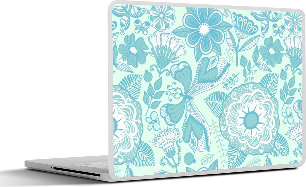 MuchoWow Laptop Aufkleber Sticker Cover Blumen - Blau - Weiß - Muster 32.5x23.5 cm - Sticker für Laptop - Selbstklebend