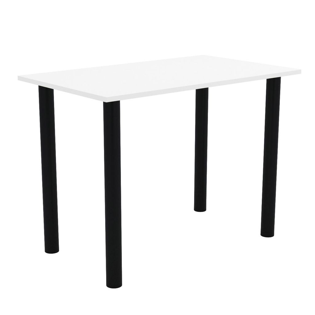 A white table with black legs on a white background.