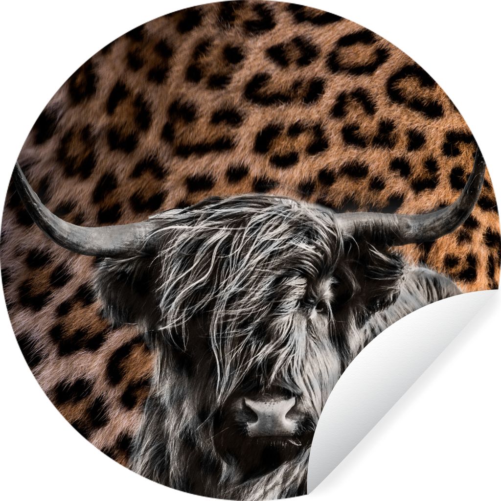 MuchoWow Runde Wandtattoo - Wandsticker Tapete Aufkleber Schottischer Highlander - Kuh - Pantherdruck Ø 100 cm Selbstklebend und Repositionierba...
