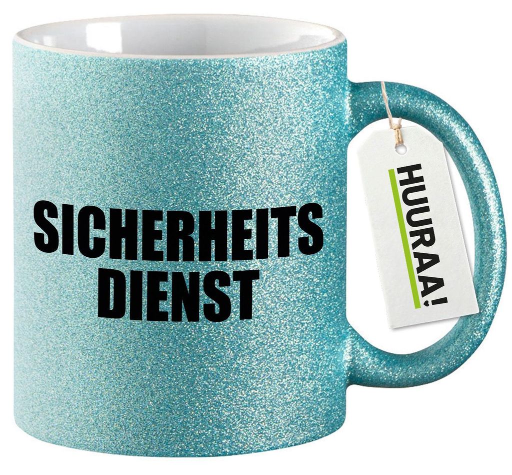 Huuraa Glitzertasse Sicherheitsdienst Schriftzug 330ml Blau Keramik Kaffeebecher Geschenkidee
