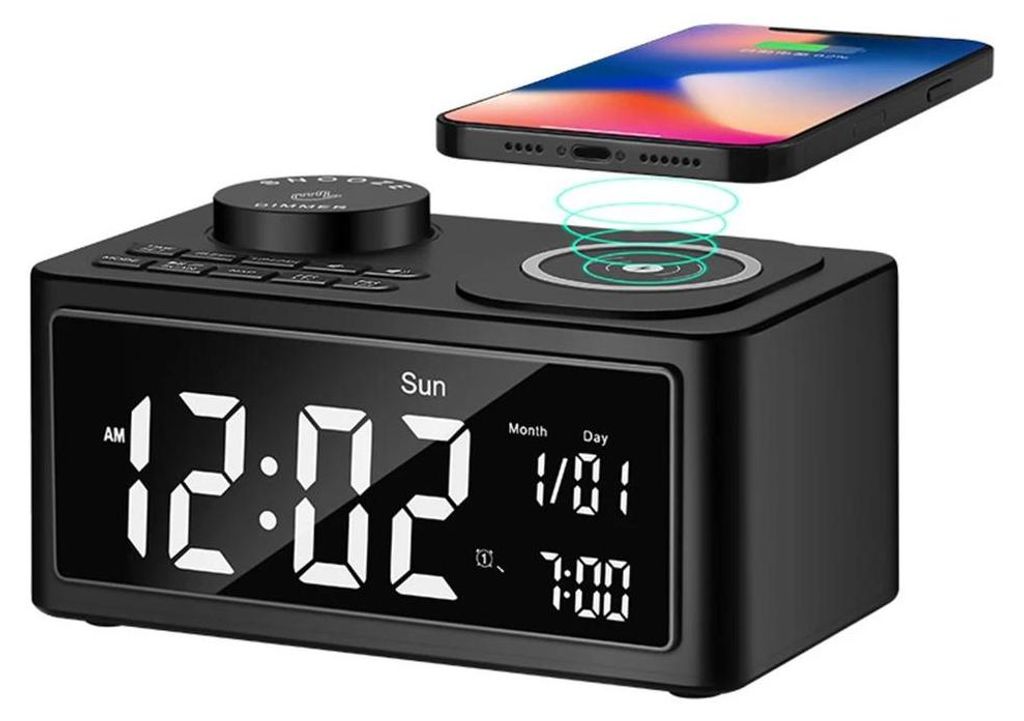 Multifunktionaler Bluetooth-Lautsprecher - Wecker mit kabelloser Ladefunktion - Dualer Alarm - FM-Radio - USB-Anschluss - LED-Uhranzeige - Schwarz