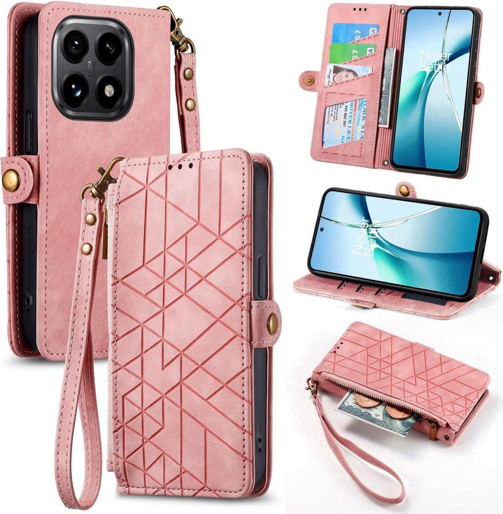Für Xiaomi 15T 5G Geometric Design Kunstleder Zipper Book Wallet Tasche Rosa