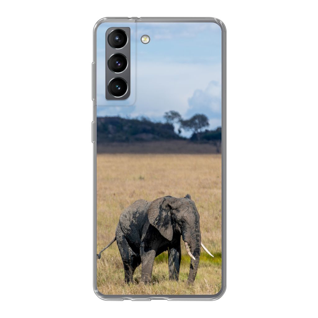 MuchoWow Handyhülle Schutzhülle Hülle für Samsung Galaxy S21 Elefant - Gras - Tiere - Natur Silikon Softcase Handy Hülle - Softcase