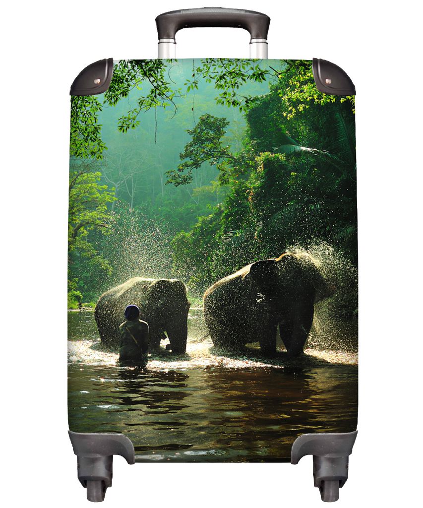 MuchoWow Koffer Handgepäck Trolley Rollkoffer Kleine Reisekoffer mit 4 Rollen - Elefant - Wasser - Bäume - Grün - Tiere - Cabin Size < 55x40x2...