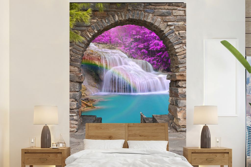 MuchoWow Fototapete für Wohnzimmer oder Schlafzimmer Wandtapete Vinyl Motivtapete Blumen - Regenbogen - Wasserfall - Ausblick - 195x300 cm - Das...