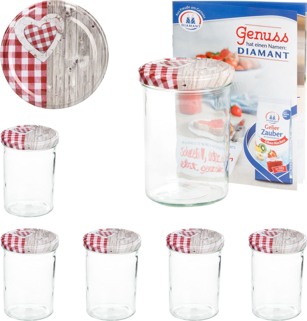 6er Set Sturzglas 435 ml To 82 Deckel Holz Herz rot incl. Diamant Gelierzauber Rezeptheft