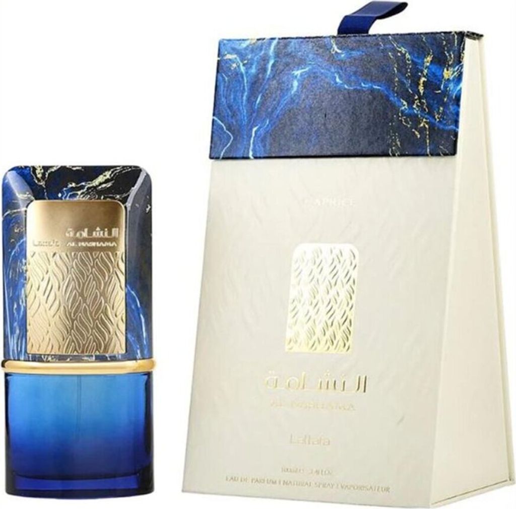 A perfume bottle and its packaging are displayed side-by-side against a white background.