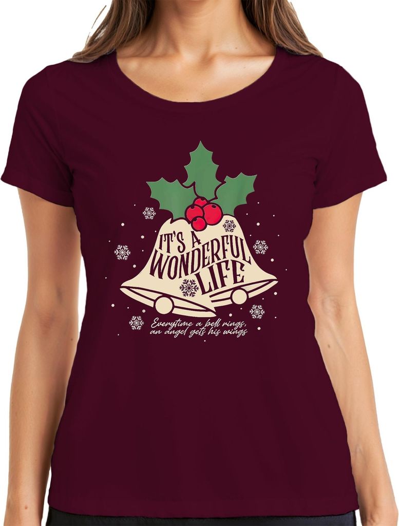It's a Wonderful Life Christmas bells holly snowflake vintage Damen T-Shirt, Burgundy, XL