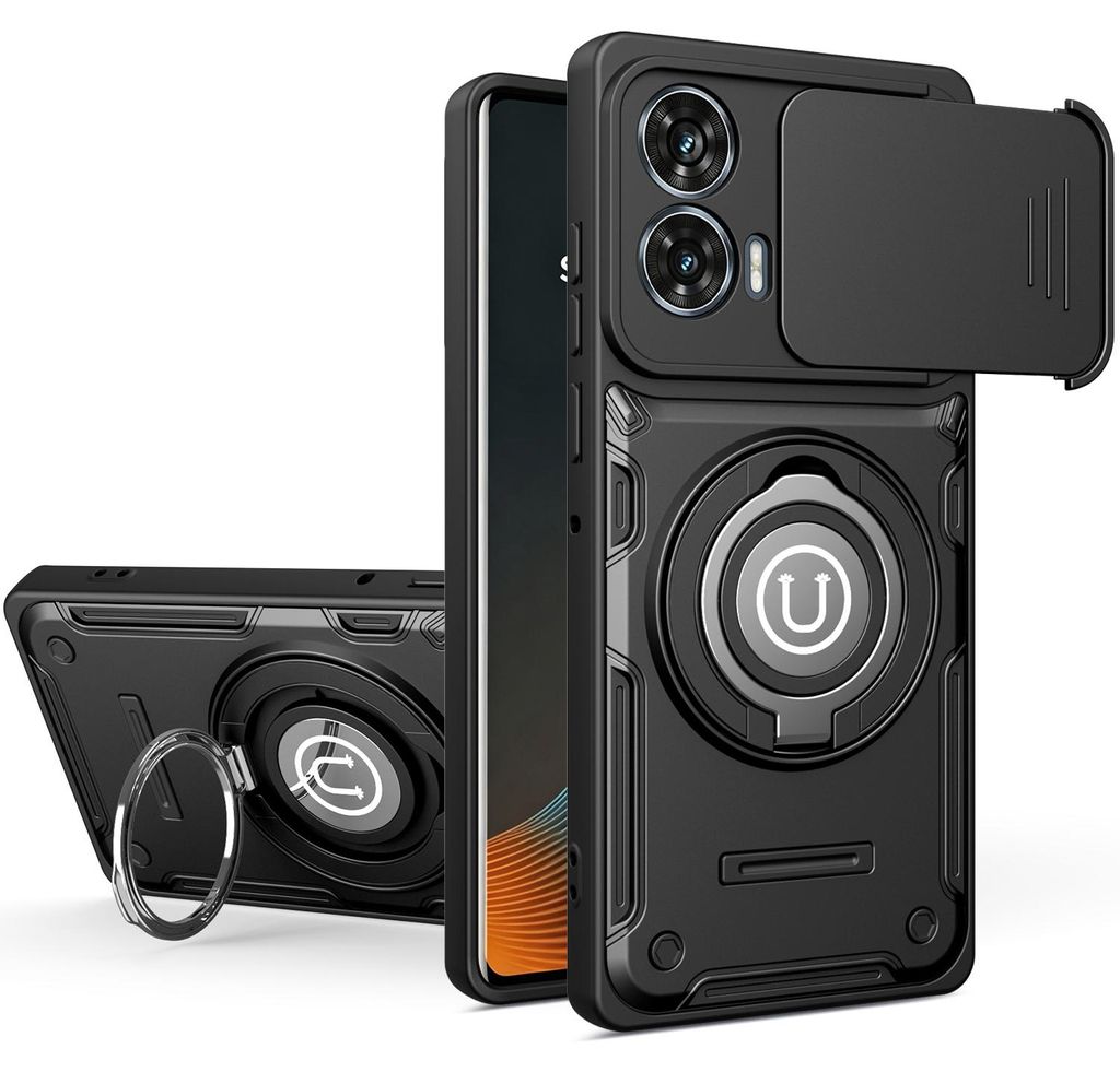 Magnetische Handyhülle für Motorola Moto G35 mit Kameraschutz Schieber, Ringhalter und Ständer, Stoßfeste Hülle Schwarz