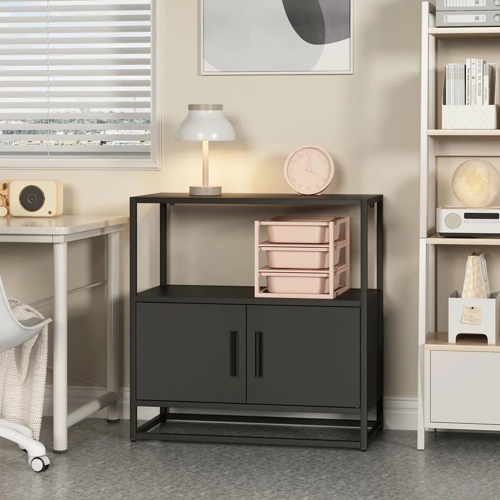 Armoire de bureau basse Hailuoto en acier noir robuste 2 étagères