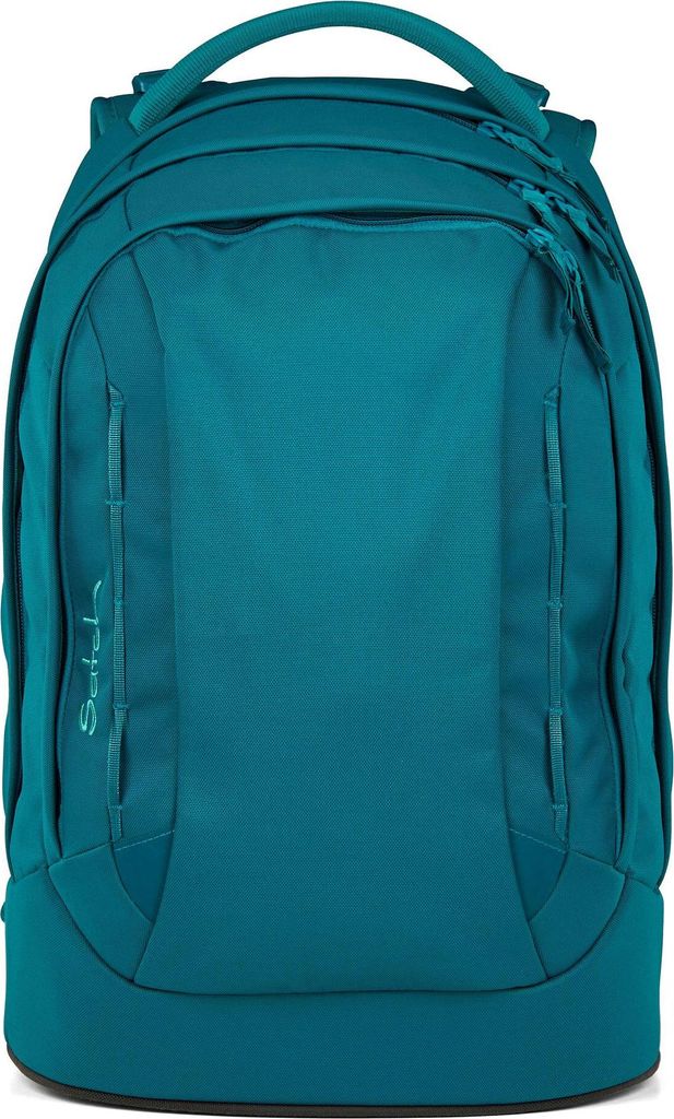 A teal satch backpack is shown from the front against a white background.
