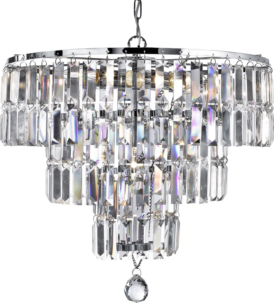Lustre à pampilles en cristal transparent et structure chrome 5 feux
