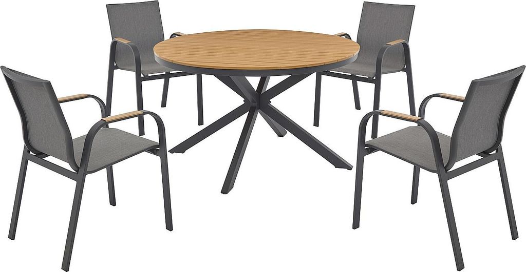 Gartenmöbel-Set aus Aluminium: runder Tisch D.125 cm und 4 Sessel – Anthrazit und hell naturfarben – ZEYVA von MYLIA