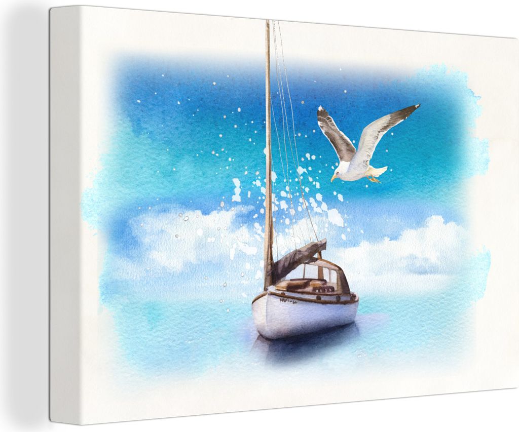 OneMillionCanvasses - Leinwandbilder - 150x100 cm, Boot - Wasser - Möwe, Wandbilder Kunstdruck Wanddekoration